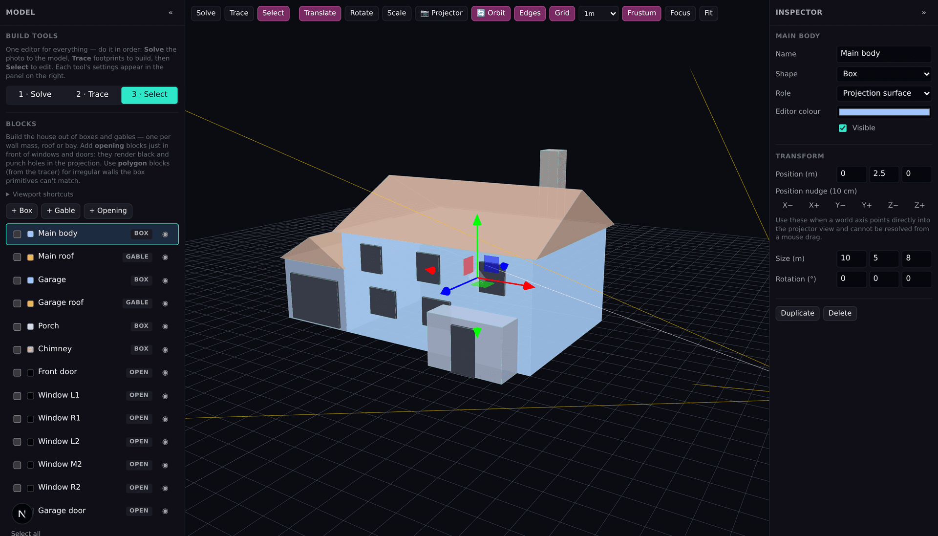 Projector Show interface aligning visual content with a modeled house facade